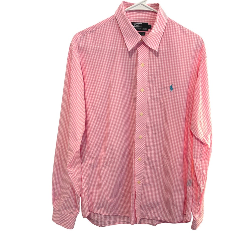 Polo Ralph Lauren Pink Gingham Check Men Shirt L Button Down Long Sleeve Preppy